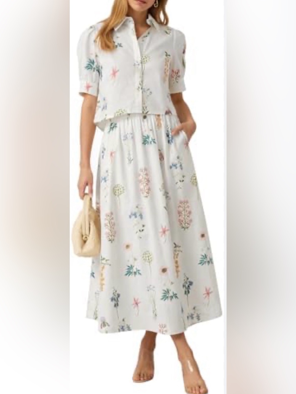 Two Piece White Floral Maxi Skirt - Lightweight Summer Skirt
